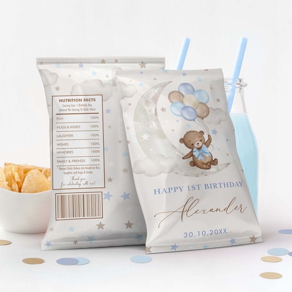 Teddy Bear Balloons Chip Bag, Blue Brown Birthday Party Favors, Moon and Stars Boy Baby Shower Modèle modifiable TÉLÉCHARGEMENT INSTANTANÉ, BR7