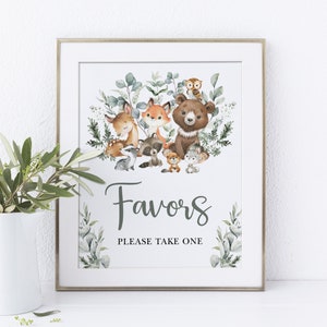 Favors Sign Woodland Printable Party Decoration Baby Shower Birthday Table Sign Cute Forest Animals Greenery Decor INSTANT DOWNLOAD FOR4