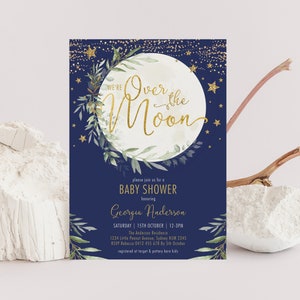 Over the Moon Baby Shower Invitation, Navy Blue Gold Twinkle Little Star Invite, Greenery Space Night Sky Printable Editable Template MOON12
