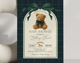 May include: Baby shower invitation with a teddy bear illustration. The invitation features a green plaid background and a cream-coloured arch with the text "Baby Shower" and "Bethany Frank". Includes date, time, and RSVP information.