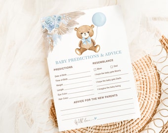 Teddy Bear Predictions & Advice Baby Shower Game, Advice for Parents, Boho Dusty Blue Floral We Can Bearly Wait Instant Download, BR11