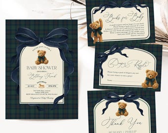 May include: A baby shower stationery set with a navy blue and green plaid design and teddy bear illustrations. The invitation and accompanying cards, including "Books for Baby" and "Diaper Raffle," are adorned with navy blue ribbon accents.