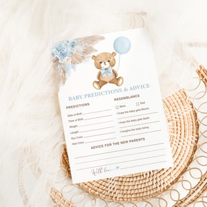 Teddybeer voorspellingen & advies baby shower spel, advies voor ouders, Boho Dusty Blue Floral We Can Bearly Wait Instant Download, BR11