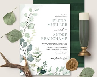 Greenery Wedding Invitation Template, Boho Eucalyptus Wedding Invite, Garden Wedding Digital Invitation, Corjl EDITABLE TEMPLATE, GR6