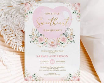 Valentines Sweetheart Baby Shower Invitation Pink Blush Gold Floral Watercolor Heart Balloon Baby Girl Printable EDITABLE Template FLO40