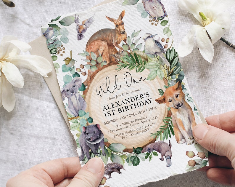 Australian Animals Wild One Birthday Invitation Australia Wildlife Nature Party Invite Leafy Eucalyptus EDITABLE TEMPLATE
