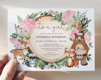 Blush Floral Woodland Baby Shower Invitation. Baby Girl Forest Greenery Printable Invitation. Woodland Animals. EDITABLE TEMPLATE. WOOD25