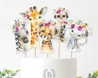 Boho Jungle Cake Toppers Girl Safari Animals Baby Shower Favors Blush Purple Floral Table Decor Centerpiece Wild Birthday Download, SAF7