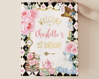 Alice in Wonderland Welcome Sign, Mad Hatter Birthday Tea Party Decorations, Onederland High Tea, Baby Shower EDITABLE TEMPLATE Download AL3