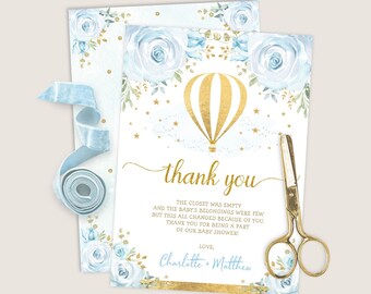 Hot Air Balloon Thank You Card Template, Editable Blue Gold Floral Adventure Baby Shower Printable, 1st Birthday Instant Download, HAB7