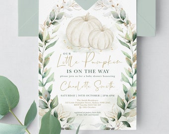 Editable Pumpkin Baby Shower Invitation, Fall Greenery Gold Gender Neutral Co-Ed Baby Sprinkle Invite, Autumn Printable Template, PUM4