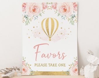 Hot Air Balloon Favors Sign, Pink Gold Floral Baby Shower Decorations, Adventure Girl 1st Birthday Printable Decor INSTANT DOWNLOAD, HAB5