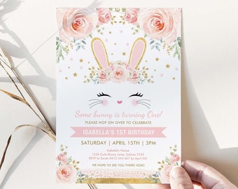 Cute Bunny Rabbit Birthday Invitation. Blush Pink Gold Floral Easter Bunny Party Printable Invite. Girly Bunny EDITABLE TEMPLATE. BUN13