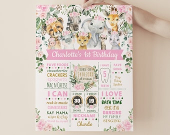 Tablero de hitos Wild One, signo de primer cumpleaños de Girl Safari, cartel de pizarra de animales de la selva floral rosa imprimible, PLANTILLA EDITABLE, JUN16