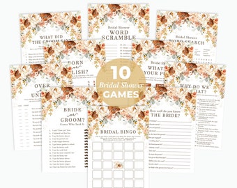 Rustic Boho Floral Bridal Shower Games Bundle, Burnt Orange Games Package, Fall Terracotta Wedding Printable Games Instant Download, FLO5