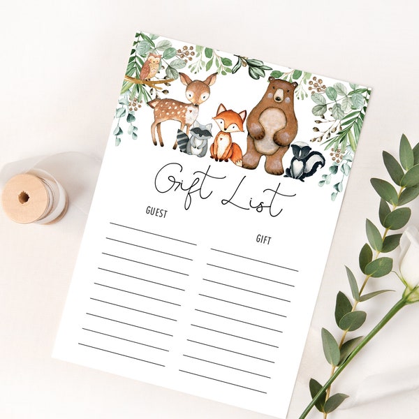 Woodland Gift List Printable Card, Greenery Forest Animals Baby Shower, Birthday Gift Log, Baby Boy, Gender Neutral INSTANT DOWNLOAD, WOOD24