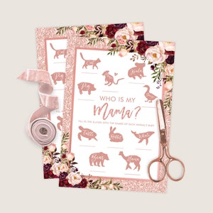Baby Tier Namen Baby Shower Spiel, Wer ist meine Mama, Rose Gold Glitter Burgund Blush Blumen Rosen Baby Mädchen druckbare Sofort Download FLO37