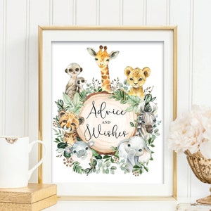 Advies en wensen afdrukbaar bord, jungle baby shower decoraties, groen safari wilde dieren tafel decor afdrukbare download, JUN13