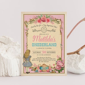 Invitación de cumpleaños vintage de Alicia en el País de las Maravillas, Fiesta del té en el País de las Maravillas PLANTILLA EDITABLE Descargar, AL2