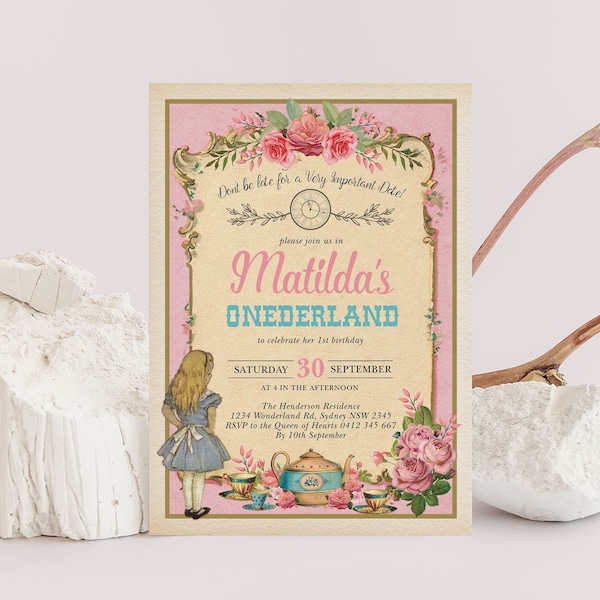 Vintage Alice in Onederland Birthday Invitation, Mad Hatter Tea Party Invite, Alice in Wonderland EDITABLE TEMPLATE Instant Download, AL2