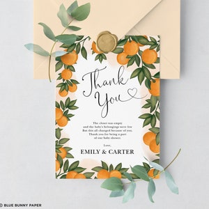 Oranje Citrus Bedankkaart, Little Cutie Baby Shower Afdrukbare gunsten, Clementine Greenery BEWERKBARE SJABLOON Instant Download, OR1