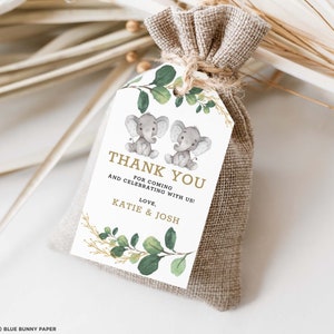 Elefant Zwillinge Bevorzugung Tag Vorlage, Greenery Gold Baby Shower, wilde Dschungel Zwilling Geburtstagsparty druckbar, bearbeitbar Danke Tag Download GR1