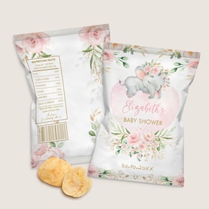 Blush Floral Elefant Chip Tasche, Verträumte Elefant Baby Shower Gastgeschenke, Wild One Girls 1. Geburtstag bearbeitbare Vorlage SOFORTIGER DOWNLOAD, EL17
