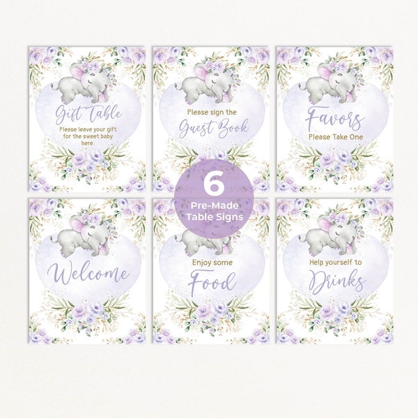 Purple Elephant Baby Shower Table Signs, Lavender Flower Elephant Party Decorations, Little Peanut Baby Signs Bundle, INSTANT DOWNLOAD, EL23