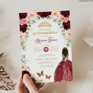 Editable Burgundy Blush Quinceañera Invitation Mis Quince 15 Anos Template Princess Tiara Butterflies Flowers Instant Download Corjl FLO24