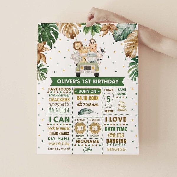 Safari Animals 1st Birthday Milestone Sign, Tropical Jungle Wild One First Birthday Chalkboard Poster EDITABLE TEMPLATE Download, SAF3