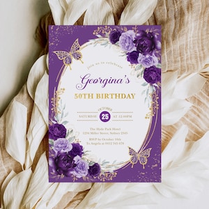Bearbeitbare 50. Geburtstag Einladung Floral Lila & Gold Vorlage Corjl Anpassbare Invite für Frauen mit Schmetterlingen Printable JPEG PDF FLO9