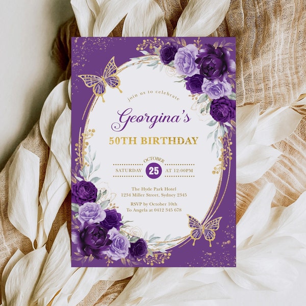 Editable 50th Birthday Invitation Floral Purple & Gold Template Corjl Customizable Invite for Women with Butterflies Printable JPEG PDF FLO9
