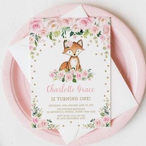 Invito di compleanno volpe floreale rosa, invito alla festa di volpe del bosco ragazza, modello modificabile della foresta di fiori blush Download immediato stampabile, WOOD3