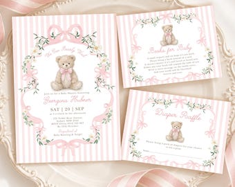 Girl Teddy Bear Baby Shower Invitation Bundle, Pink Stripes We Can Bearly Wait Templates, BR3