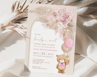 Może przedstawiać: Zaproszenie na baby shower w różowo-brązowej kolorystyce. Zaproszenie przedstawia pluszowego misia trzymającego balony i tekst "We can barely wait for Baby Gemma to arrive. Join us for a baby shower honouring Elsa Montgomery. Oct 25 Sun at 2 o'clock in the afternoon. 1234 Little Bear Rd Sydney NSW 2345 RSVP Rebecca 0412 345 667 By October 10 Registered at Target and Baby Bunting"