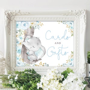 Karten und Geschenke Zeichen, Junge Elefant Babyparty Dekorationen, Blau Blumen Elefant 1. Geburtstag Party druckbare Dekor, Instant Download, EL8
