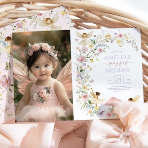 Editable Fairy First Birthday Invitation, Soft Pastel Floral 1st Birthday Party Printable Invite, Wildflower Fairy Garden Tea Party, FA10