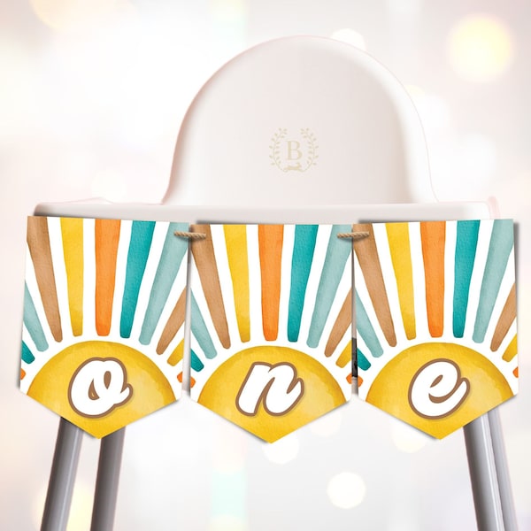 Sunshine High Chair Banner Boho Retro Sunshine 1st Birthday Decorations Here Come the Sun Party Decor ONE Banner INSTANT DOWNLOAD, SN1