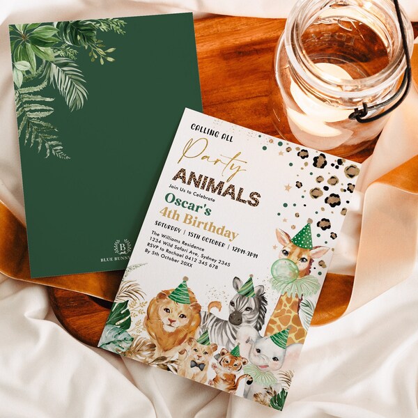 Party Animals Birthday Invitation Jungle Safari Animals Editable Template Wild Child Party Invite Card Corjl Instant Download PDF SAF13