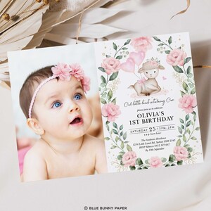 May include: A pink and green floral first birthday invitation with a cute lamb holding pink balloons. The invitation says "Our little lamb is turning one" and includes the name Olivia, the date, and time of the party. The invitation also includes the address and RSVP information.
