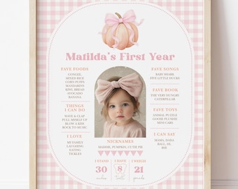 Pink Bow Pumpkin My First Year Sign: 16x20 Milestone Board Birthday Editable Template, PUM6