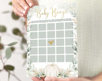Kürbis Bingo Baby Shower Spiel, Grün Gold Baby Shower druckbare, druckbare Herbst Eukalyptus Kranz, geschlechtsneutral Sofort Download, PUM4