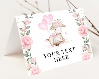 Pink Floral Lamb Food Tent Labels, Baby Sheep Place Cards, Eucalyptus Girl Baby Shower, Farm Animal Birthday Decor, EDITABLE TEMPLATE, GR8