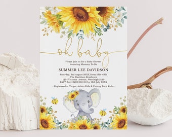 Sunflower Elephant Baby Shower Invitation, Summer Floral Watercolor Greenery Printable Invite Yellow and Gold EDITABLE TEMPLATE, SUN5