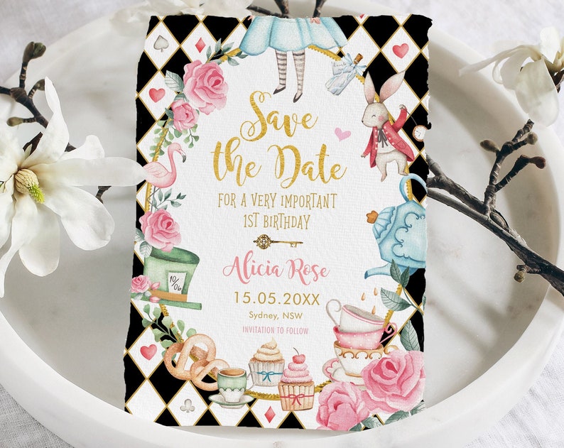 Alice in Wonderland Save the Date Template Mad Hatter Tea Party Invitation Alice in Onederland 1st Birthday Printable
