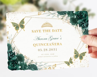 Emerald Green Quinceañera Save the Date Template Emerald Gold Floral Butterflies Mis Quince 15 Anos Birthday EDITABLE Instant Download FLO17