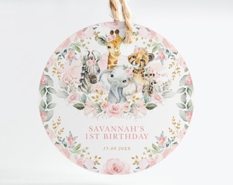 Blush Safari Baby Shower Editable Round Tag Template, Girl Jungle Animals Wild One Birthday Party Favors,  Pink 2.5" Cupcake Topper, SAF8
