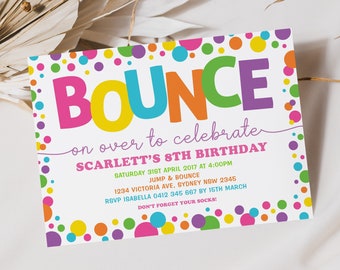 Convite para festa de trampolim Jump Birthday Bounce House, bolhas coloridas de arco-íris de confete MODELO EDITÁVEL Corjl Download instantâneo, JUMP7