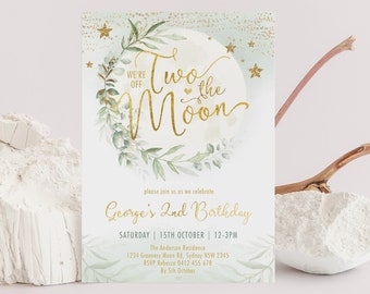 Two the Moon 2nd Birthday Invitation, Twinkle Twinkle Little Star Printable Invite, Greenery Gold EDITABLE TEMPLATE Instant Download, MOON9