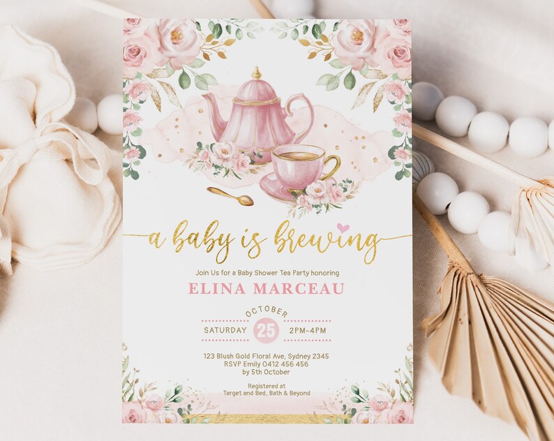 Baby Shower Tea Party Invitation Baby is Brewing Baby Brunch Invite Blush Pink Gold Floral ParTea Printable Editable Template